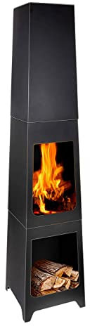 Gartenkamin, Aussenkamin für Terrasse und Garten mit extra Holzlager, Feuerstelle aus Stahl, HxBxT ca. 150 x 38 x 38 cm
