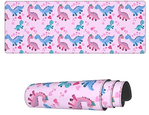 AoHanan Grand tapis de souris de jeu avec motif dinosaure rose et bleu, tapis de souris pour clavier étendu, tapis de bureau antidérapant à bords cousus en caoutchouc, 80 x 30 cm