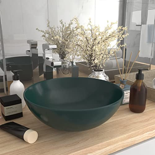 WIFESE Lavandino da Bagno in Ceramica Verde Scuro Rotondo - Lavabo Da Appoggio 28x28x10 cm