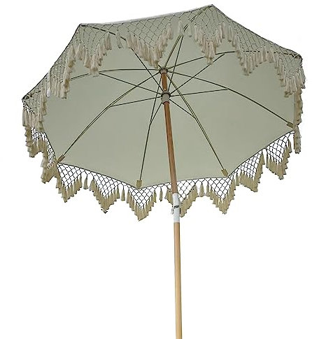2m/6.5ft Patio Garden Parasol with Hand-woven Tassel, Outdoor Sun Shade, Beach Umbrella with Tilt Wooden Pole, for Party Camping Picnic
