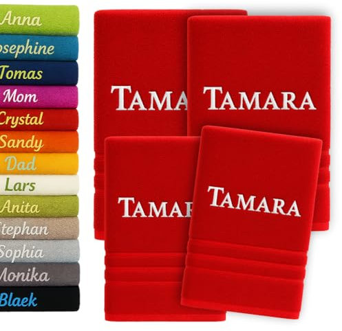4er Pack Personalisiertes Handtuch und Badetuch mit Namen Schön gestickter Name Handbadetuch 100 % Baumwollhandtuch 2x (50 x 100 cm) + 2x (140 x 70 cm) Personalized Custom Towel with Name (Rot)