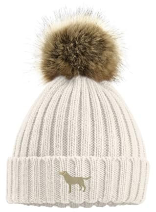 The House of Dog Golden Yellow Labrador Retriever Besitzer Geschenk Kunstpelz Pom Pom Grobstrick Super Weich Unisex Bestickte Beanie Mütze Haferflocken, hellbeige