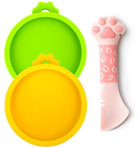Comtim Small Cat Food Can Lids with Cat Food Spoon Set, Silicone Cat Food Can Covers Lids for 3 oz Cans, Cat Can Opener Spatula Cat Spoon for Wet Food