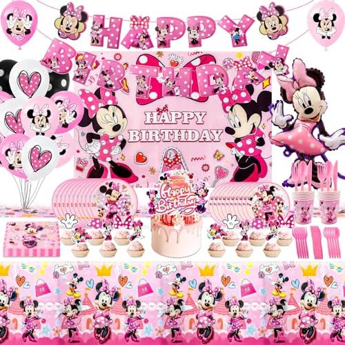 Kindergeburtstag Deko-Minnie Mouse Geburtstagsdeko 95 Stück Schön Geburtstag deko Pappteller Kindergeburtstag Birthday Party Supplies Geburtstag Teller Set Folienballon für Themenparty