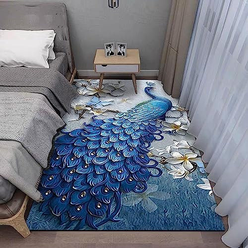3D -Gedruckter Tierischer Blauer Pfau Teppich Home Decor Schlafzimmer Teppich Babyspiel Krabbelteppich Für Wohnzimmer, Polyester-Soft-Touch, Leicht Zu Reinigen 60 X 90 cm / 23,6 X 35,4 Zoll