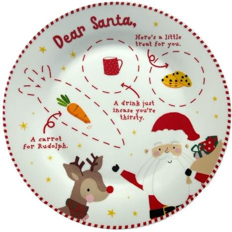 eBoutik Assiette en céramique pour décoration de réveillon du Père Noël pour biscuits festifs, lait et carotte – Assiette de Noël pour enfants pour Père Noël et renne Rudolphe personnalisable