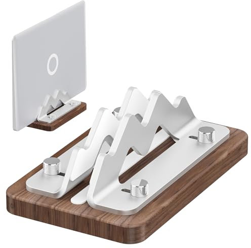 Double Card Slot Walnut Wooden Notebook/ipad Tablet Computer+Aluminum Vertical Laptop Stand Dock Holder, Adjustable Slot Width (Single Groove Type)