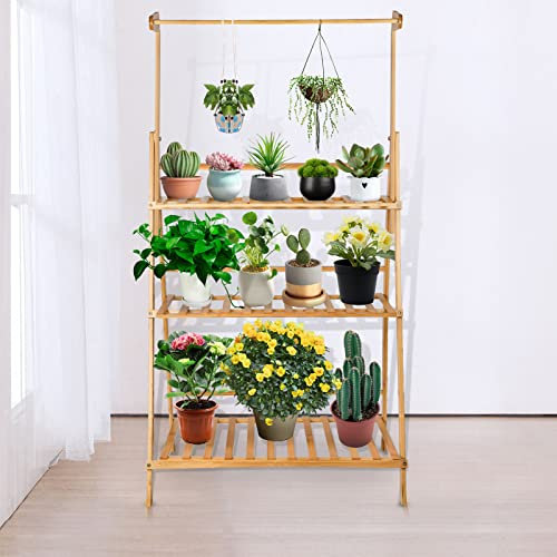 Cannoli Porte Plante Suspendue Bambou, Étagère Plante Pliable de 3 Niveaux, Echelle Fleur avec Tige Suspendue, Idéal pour Maison Balcon Terrasse Jardin - 70*40*141cm - bûches