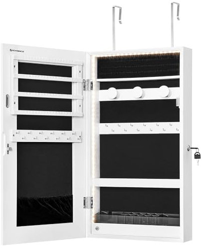SONGMICS Espejo Armario de Joyas con Luces LED Incorporadas, Montado en la Pared o en la Puerta, Organizador, 9,7 x 37 x 67 cm Colgando, Idea de Regalo, Blanco JJC050W01
