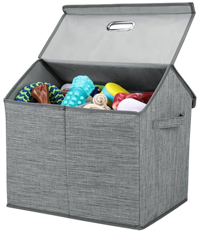 BELLE VOUS Collapsible Dog Accessory Box - Storage for Large Dog, Cat & Pet Toys - Grey Fabric