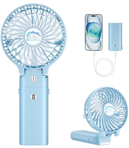 HandFan 5200mAh Handheld Fan 3 Speeds,Portable 180°Foldable Battery Operated Power Bank Function & Desktop & Rechargeable Personal Fan 3-in-1Strong Airflow for Outdoor Camping Stroller