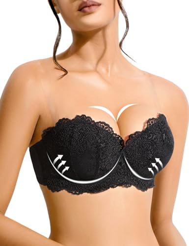 YBCG Strapless Bra Push Up with Clear Straps Lace Padded Add 2 Cups Convertible Mutiway Balconette Underwire for Women, Black, 38D