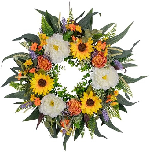 Spring Wreath, 40cm/15.7inch Artificial Sunflower Door Wreaths for Front Door, PeonyFlowers Summer Wreath, Spring Wreaths for Front Door Wall Decor