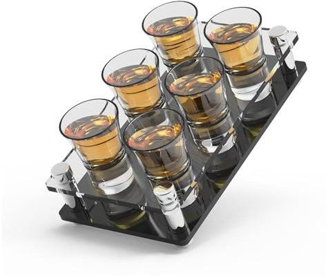 Merry Movers Shot Glasses Set with Holder - Shot Glasses Set of 6 on a Stylish Black Acrylic Serving Board - (25ml or 1 Shot)