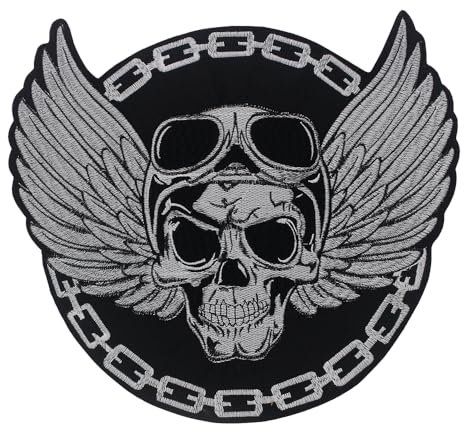Parche de alas de calavera, parches de calavera grandes para chaquetas de motociclista, apliques bordados de esqueleto, parche de calavera punk (blanco)