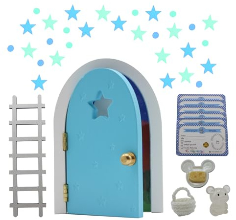 Qué Kawaii® MAGIQUE LA PETITE SOURIS. PORTE QUI S'OUVRE ET BRILLE DANS LE NOIR!!!Porte et escalier en bois à peindre et customiser+sac au crochet+Assiette+Fromage+étoiles+6 certificats (Bleu)