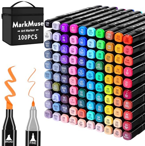 MarkMuse 100+2 Alkohol Stifte Set, Meißel & Feine Verdoppelt Marker Stifte Filzstifte, 2 Sekunde Schnell Trocknende Alkohol Marker mit Anti-Seepage Abstandshaltern für Malerei, Design, Manga