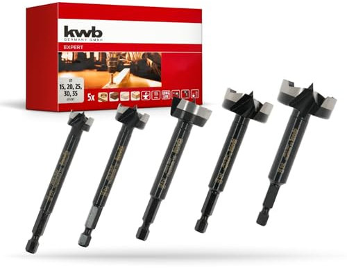 kwb Forstnerbohrer-Set 5-tlg. (15-35 mm, 88 mm Länge, Hex-Schaft, ausrissfreie Bohrlöcher, langlebig, für Hart-/Weichholz, inkl. Holzkassette)