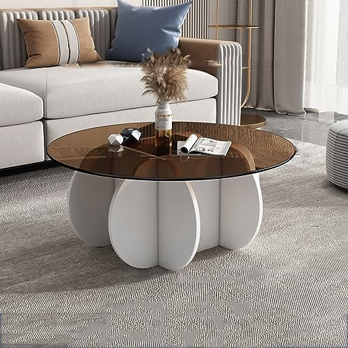 Table basse ronde moderne avec plateau en verre avec base en bois massif, table centrale élégante pour salon et terrasse, table basse d'appoint en verre trempé transparent, blanc et bleu sarcelle,