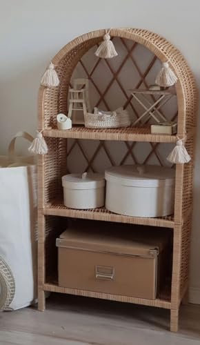 Generisch Standregal Rattan mit Quasten und Rundbogen Vintage Boho Stil Regal Natur