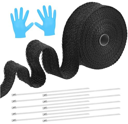 Zocipro Hitzeschutzband Auspuff, 5cm x 5 Meter Auspuffband Schwarz mit 10 Kabelbinder Edelstahl und Handschuhe, Auspuff Dichtband für Auspuffkrümmer von Motorrädern und Autos