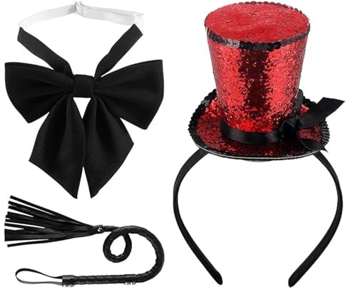 BEIMEIII Zylinder Fliege Set Zirkus Kostüm Damen Zirkusdirektor Damen Kostüm Zirkusdirektorin Peitsche Zirkus Dompteur für Zeremonienmeister Mottoparty Karneval Halloween