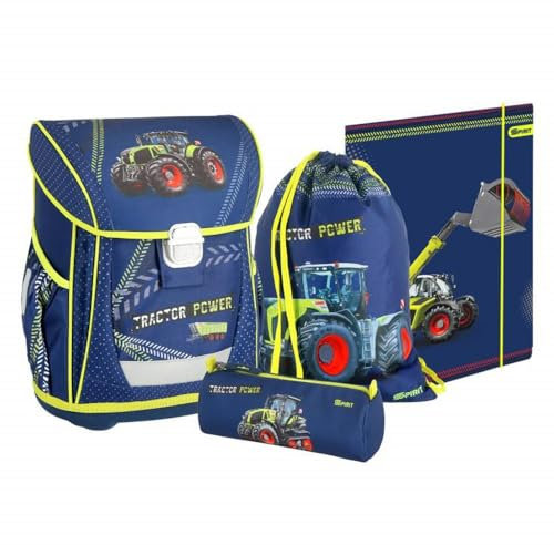 itenga Grundschul Ranzen Set - Schulranzen Set 4 teilig für Jungen mit Schlampermäppchen Zeichenmappe Turnbeutel (Traktor)