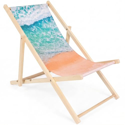 specwood Liegestuhl Holz klappbar leicht 3-Fach verstellbar stabil bis 120 kg Buchenholz Strand für Garten Balkon Camping Strandstuhl - Sand Am Meer
