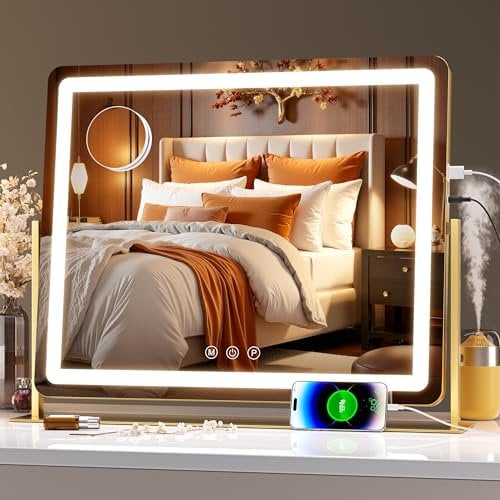 Hasipu Vanity Mirror with Lights, 58 x 48cm LED Makeup Mirror, Light up Mirror with 10X Magnification and Brightness Adjustment, Smart Touch 3 Colors Dimmable, 360° Rotation