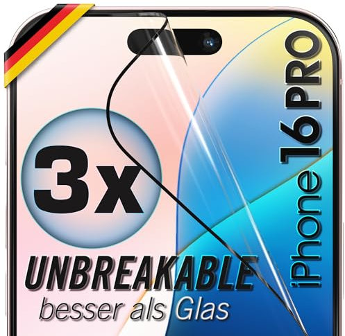 UTECTION 3X Panzerfolie [Besser als Glas] für iPhone 16 PRO - Unzerstörbarer Displayschutz - Perfekte passform - Schutzfolie mit ALLEN Hüllen kompatibel - Super Haptik & Kinderleichte Anbringung
