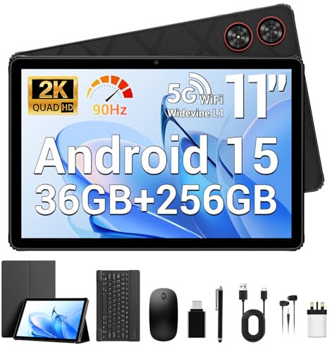 WITECOR 11 inch Aandroid 15 Tablet, 36GB RAM 256GB ROM 1TB Expand, 2K IPS Screen, Octa Core 90Hz, 5G/2.4G WiFi, Widevine L1, 13MP, GPS, 2 in 1 Tablets with Keyboard/Mouse/Earphone/Case/Pen/Earphone