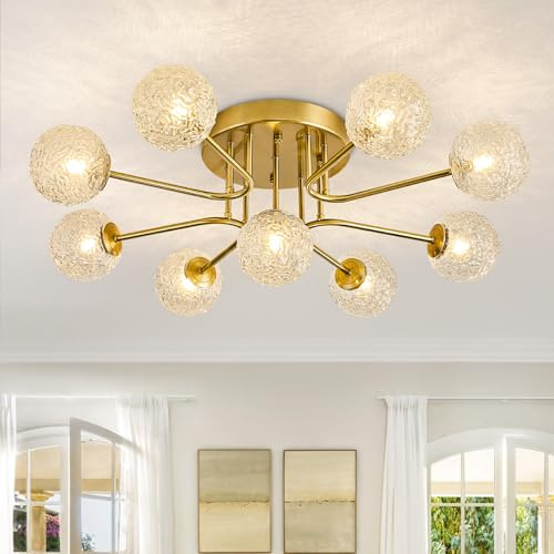 JUJUQI Moderne Deckenleuchte Vintage Gold Deckenlampe, Klarglas Globe Sputnik Kronleuchter, 9-Lichter Design, Halbbündiger Luxus Deckenleuchte für Wohnzimmer Schlafzimmer Esszimmer