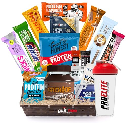 Protein Hamper Gift Basket Healthy Snacks Gifts for Women and Men Low Calorie Snacks, Protein Bars, Cookies, Spread, Flapjack, Crisps Gym Gift Treat Box High Protein Selection Box by GuiltFree