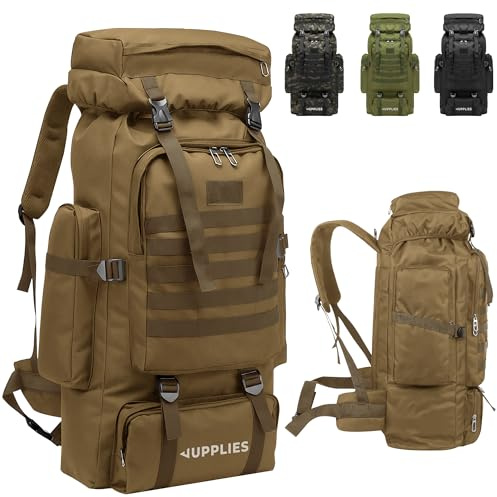 JUPPLIES Mochila Tactica Militar 80L – Oxford 600D Impermeable IPX5 con Sistema MOLLE, Cremalleras Reforzadas y Gran Capacidad para Senderismo, Camping, Crossfit, Gimnasio - Khaki