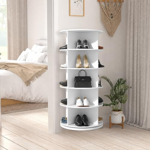 TWSOUL Drehbares Schuhregal mit 5 Ebenen, 360-Grad Drehbarer Schuhschrank Hoch Runder Schuhorganizer Schuhschrank-Organisation Weiß für Schuhe und Handtaschen