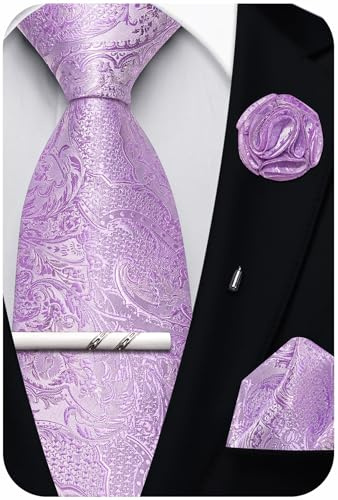 Ailisus Corbatas para hombre, diseño de cachemira, pañuelo y alfiler de solapa cuadrado para boda, fiesta, negocios, 4 unidades, Lila, Taille unique