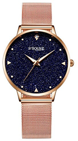 Alienwork Montre Femme Or Rose Doree Bracelet Maille Noir Cadran en marbre véritable