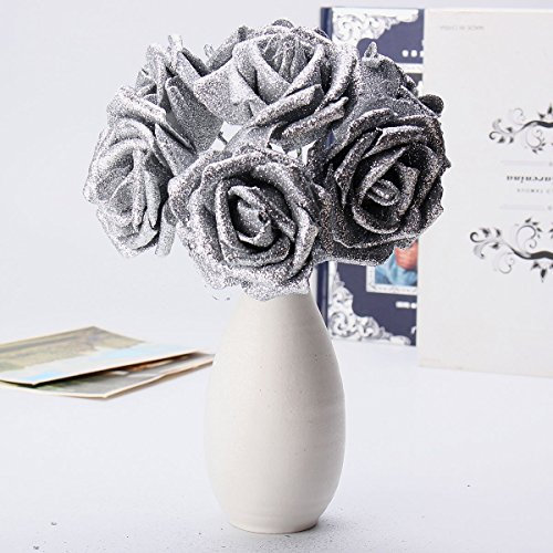 TuToy 7ST Kunst Bouquet Glitzer Schaum Kunstblumen Hochzeit Hochzeits Party Dekor DIY Rose - Silber