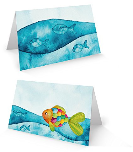 Logbuch-Verlag 25 Tischkarten bunt türkis Fisch 8,5 x 5,5 cm Tischdeko Namensschilder für Gäste Kommunion Taufe Kindergeburtstag