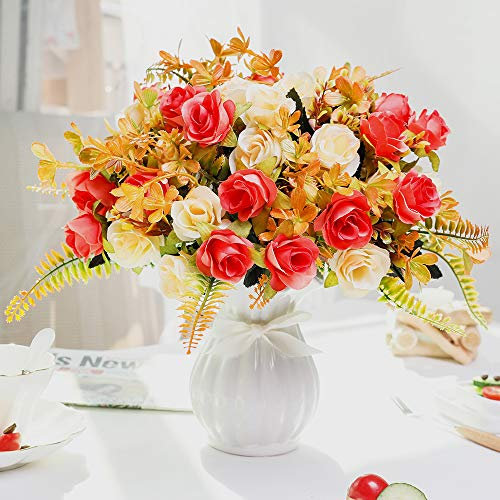 LESING Künstliche Blumen mit Vase, Seidenrosen, Hochzeitsblumen, Blumensträuße, Zuhause, Büro, Party, Konferenzraum, Dekoration (Sonnenuntergang 1)