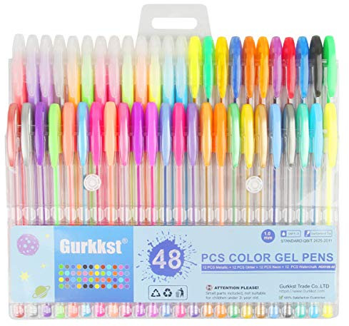 Gurkkst 48 Stück Gelschreiber Gelstifte Set Gel-Stifte für Erwachsene und Schüler Malbücher, Zeichnen und Schreiben(12 Metallic + 12 Glitzer + 12 Neon + 12 WaterChalk)