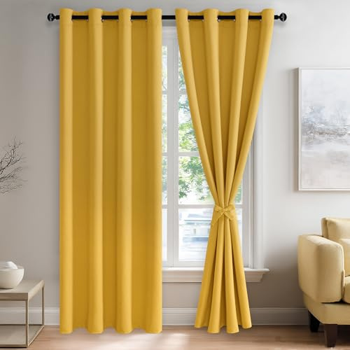 JIUZHEN Verdunkelungsvorhänge mit Raffhaltern, wärmeisoliert, lichtblockierend und geräuschreduzierend, Ösenvorhänge für Schlafzimmer und Wohnzimmer, 2 Stück, Gelb, 132 x 213 cm Länge