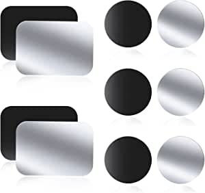 WONLIVE Placa Metal para Iman Coche 10 Piezas Chapa metálica con Adhesivo para Soporte magnetico Coche, 6 Redondo y 4 Rectángulo, Negro y Plata