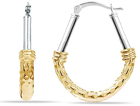 LeCalla Sterling Silver Jewelry Italienische KLEINE zweifarbige ovale Creolen mit Klickverschluss und Diamantschliff für Damen