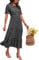 GRECERELLE Womens Summer Midi Dress Floral Print Boho Dress Ruffle Puff Sleeve High Waist A-Line Casual Boho Cocktail Holiday Beach Long Dress for Ladies (PD Black, M)