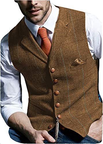 Herren Retro Frack Weste Plaid Wollweste Lässiger Tweed Fischgrätenmuster für Smoking(M, Braun)