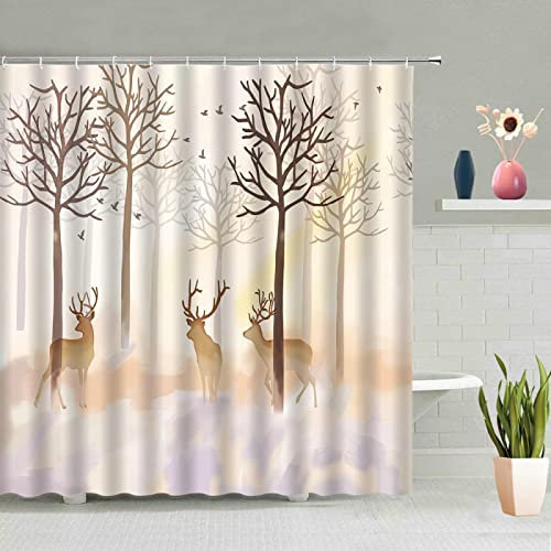 SAJEGBJ 3D Gedruckt Duschvorhang-Set Pflanzen Bäume Elche Duschvorhang 3D Gedrucktes Wasserdichtes Waschbar Badvorhang Badevorhang Inkl, Duschvorhangringe Für Badezimmer 90X180Cm