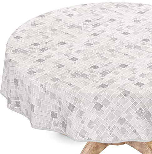Wachstuchtischdecke Wachstuch Vinyl abwischbar Wachstischdecke Tischdecke Rund 100cm mit Saum Fliesen Grau