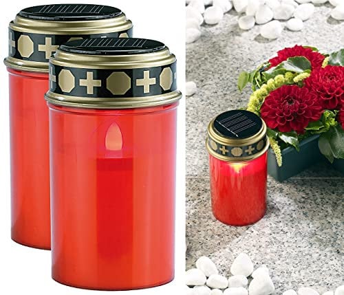 PEARL Grableuchten: 2er-Set Solar-LED-Grablichter mit Dauerlicht, rot (Grableuchte Solar, Grabkerze, Beleuchtung)