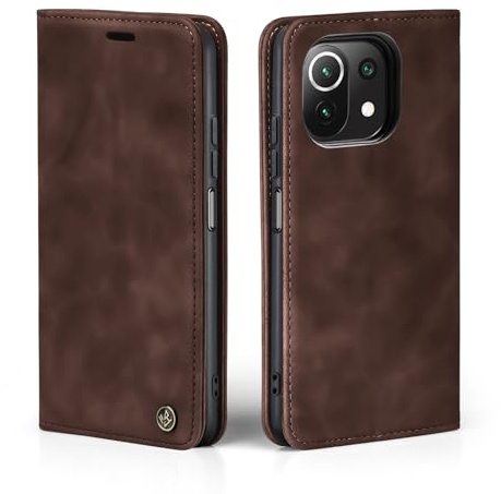 LBH Handyhülle für Xiaomi Mi 11 Lite / 11 Lite 5G in Dunkelbraun mit Karten- und Geldfach Smartphone Hülle mit Standfunktion Flip Case Schutzhülle Magnetverschluss Vintage
